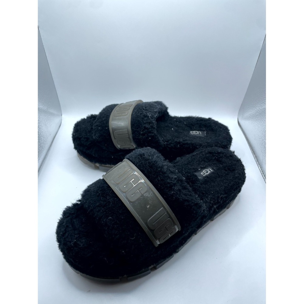 UGG Fluffita Clear 1131971-BLK Sandals Womens 9.5 Black Platform Slip On Slide